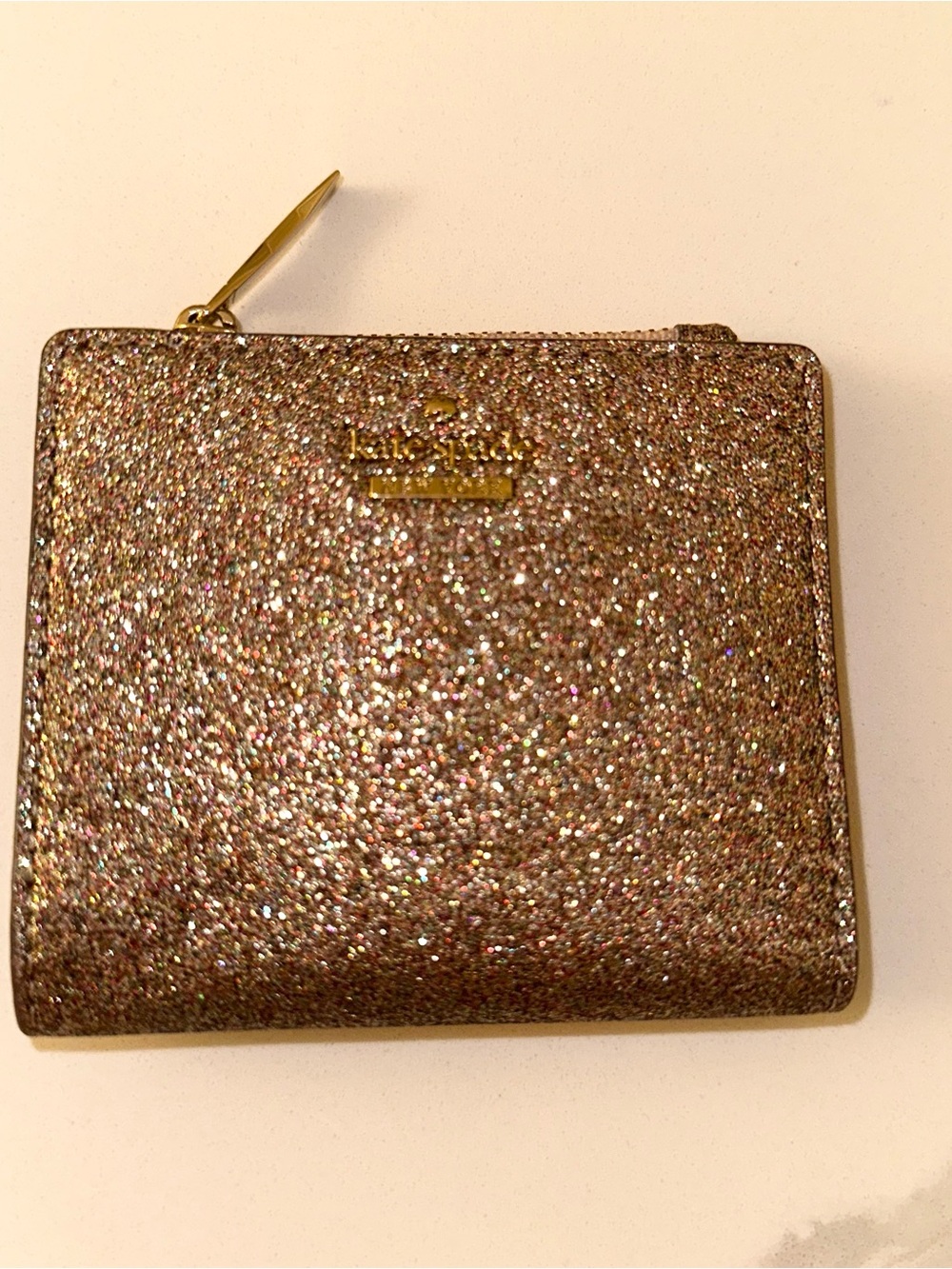 Kate Spade Glitter Compact Bifold Wallet ID Window Gold